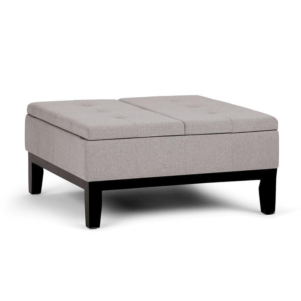 Simpli Home Dover 36"W Upholstered Square Coffee Table Storage Ottoman with Split Tufted Lift Top