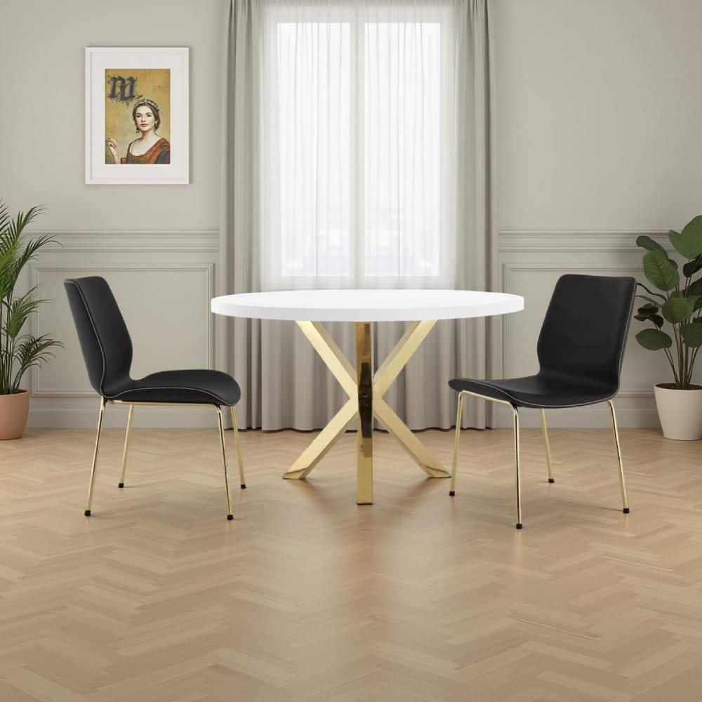 Benjara Emi 47 Inch Dining Table, Round White Lacquer Top, X Twisted Gold Legs