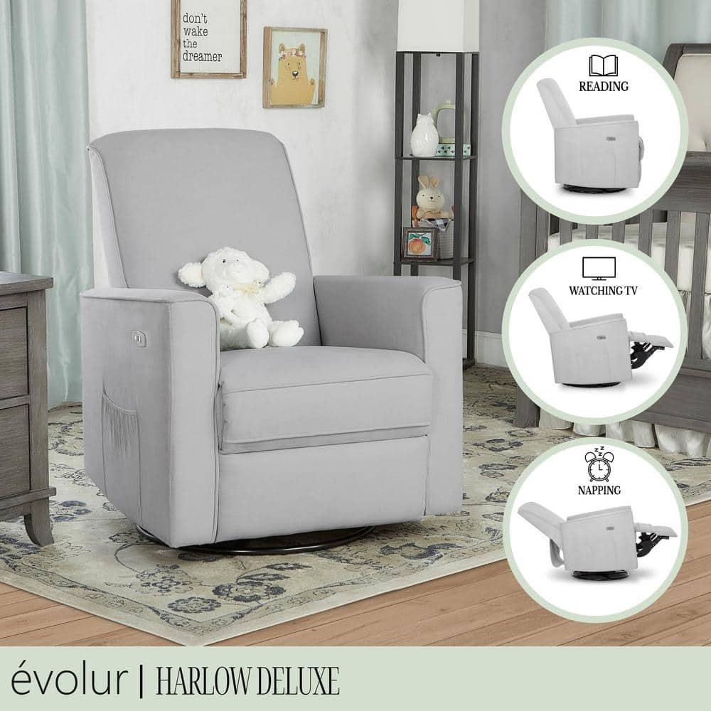 Evolur Harlow Deluxe Greenguard Gold Certified Upholstered Plush Seating Glider Swivel & Power Recliner, Grey