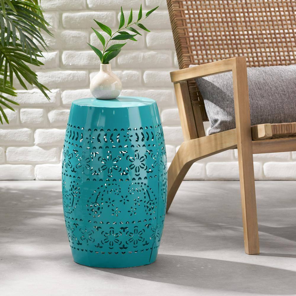 GDFStudio Riley Outdoor Lace Cut 12 Inch Side Table, Teal