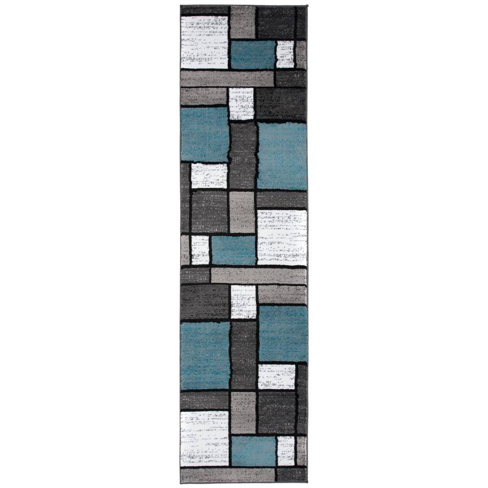 World Rug Gallery Contemporary Modern Boxed Color Block Blue Gray 2'x10' Runner Rug