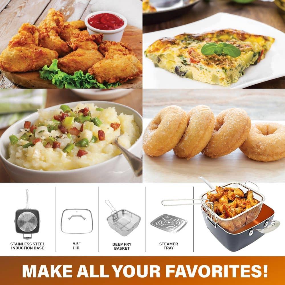 Gotham Steel Gotham Steel 9.5" Deep Squre Nonstick Pan with Steamer Tray, Fry Basket and Glass Lid