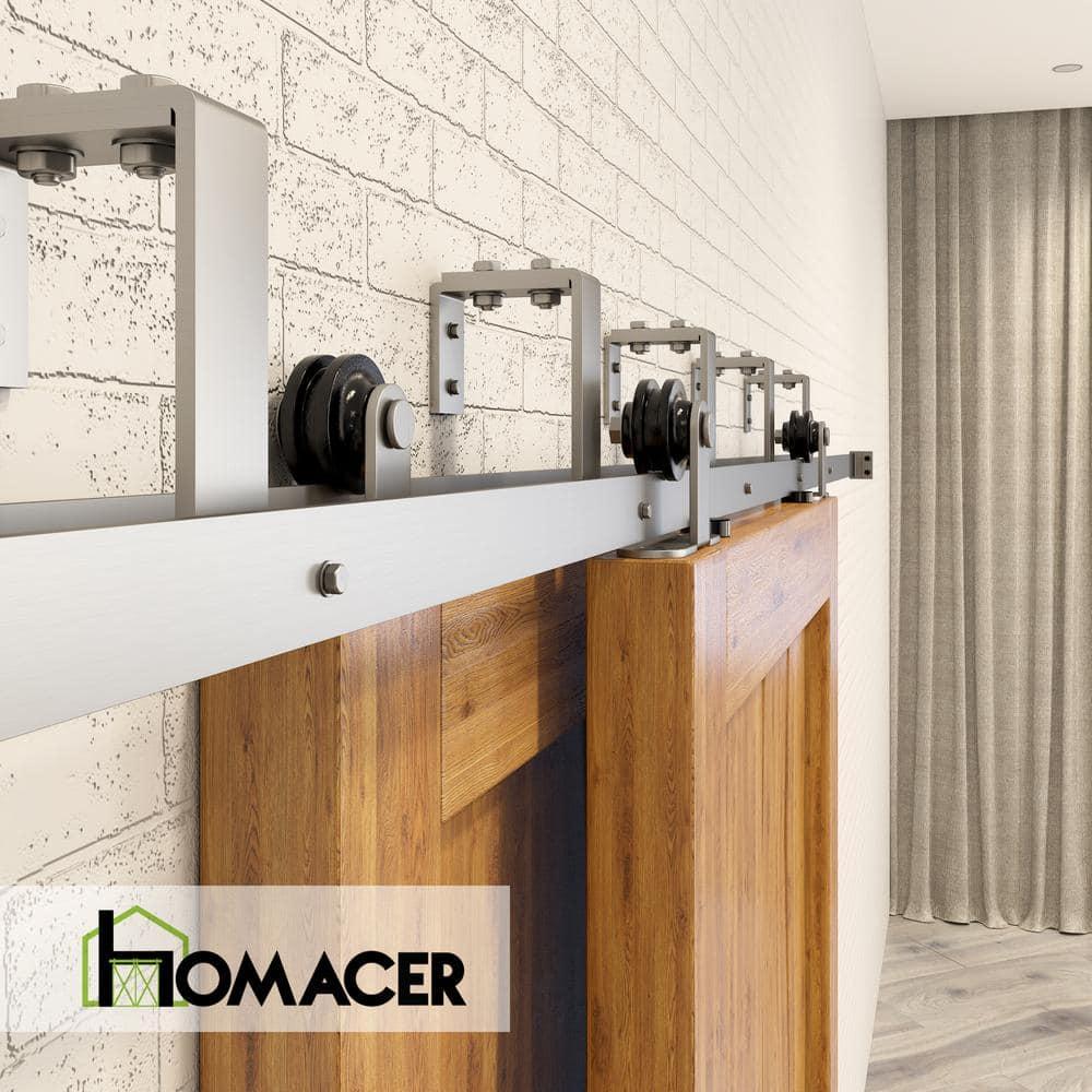 Homacer Brushed Nickel Double Track U-Shape Bypass Sliding Barn Door Hardware Kit, for Two/Double Doors, 6.6ft Long Flat Track, T-Shape Design Roller, Heavy Duty, for Interior & Exterior Use