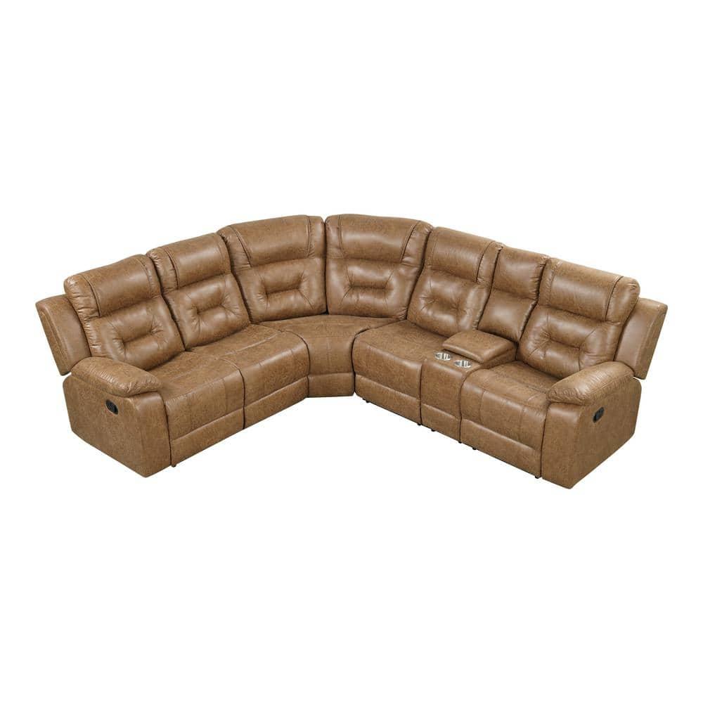 Furniture of America Ranshell Faux Leather Storage Sectional with USBs in Brown