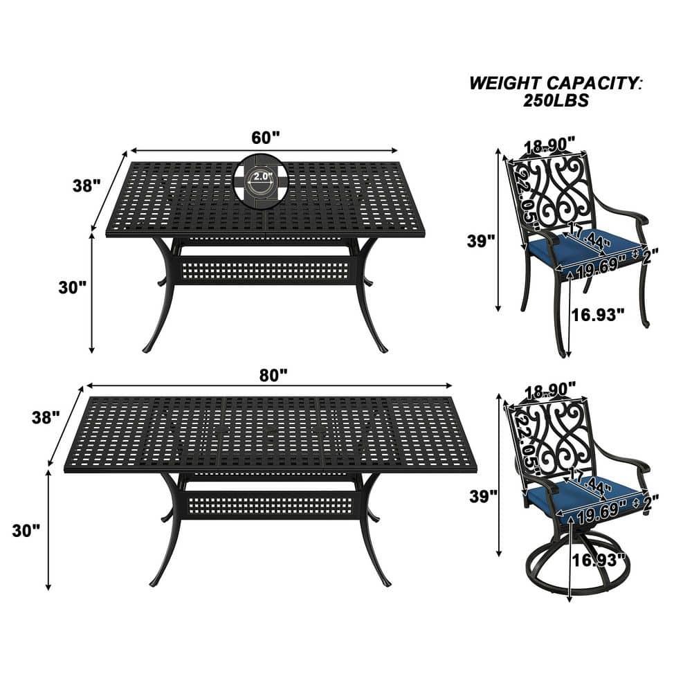 Black Cast Aluminum 6-Person Outdoor Dining Set with Blue Cushions