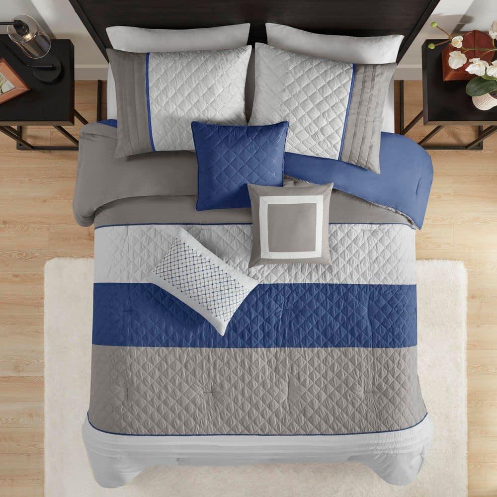 Madison Park Jenson 7 Piece Color Block Stripe Comforter Set with Throw Pillows