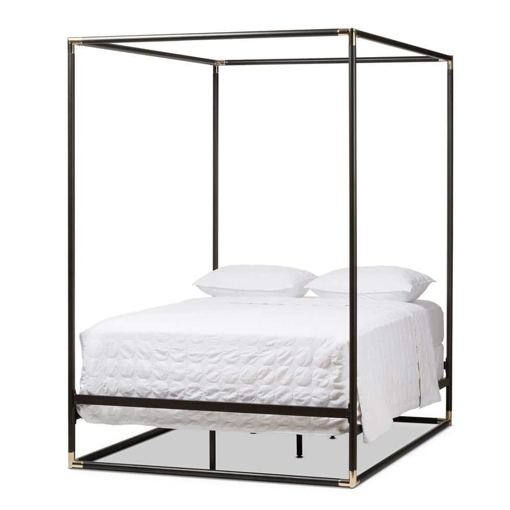Queen Eva Vintage Industrial Finished Metal Canopy Bed Black - Baxton Studio: Matte Dark Bronze, Brass Accents