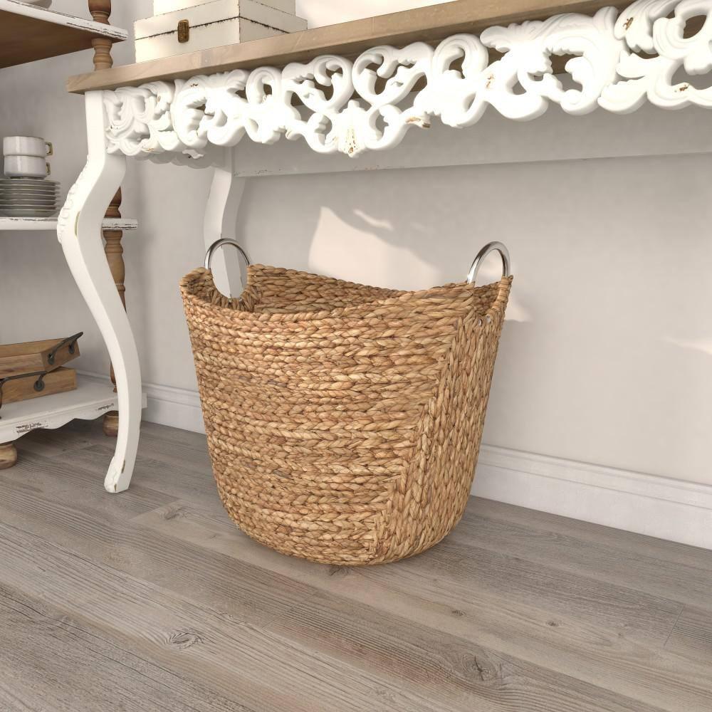 DecMode 21" x 19" Brown Seagrass Handmade Large Woven Storage Basket with Ring Metal Handles, 1-Piece