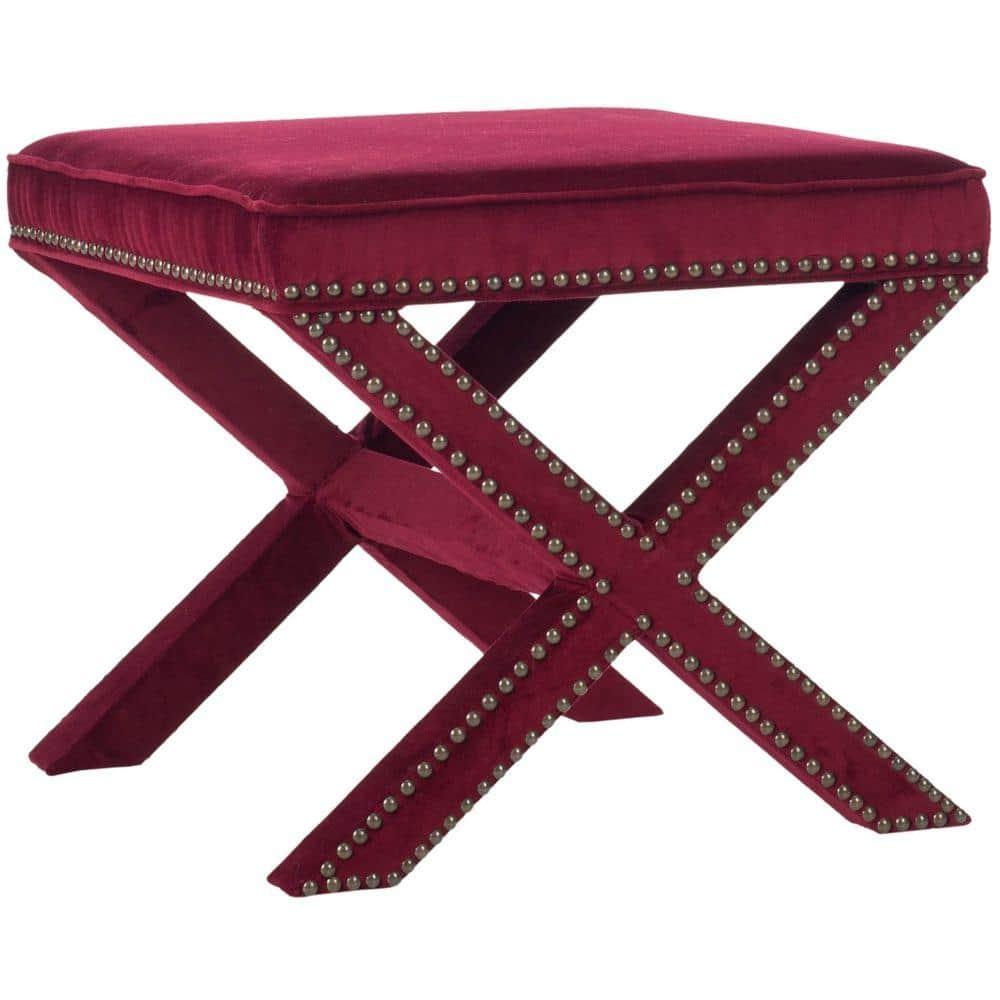 Palmer Ottoman with Brass Nail Heads - Red Velvet - Safavieh