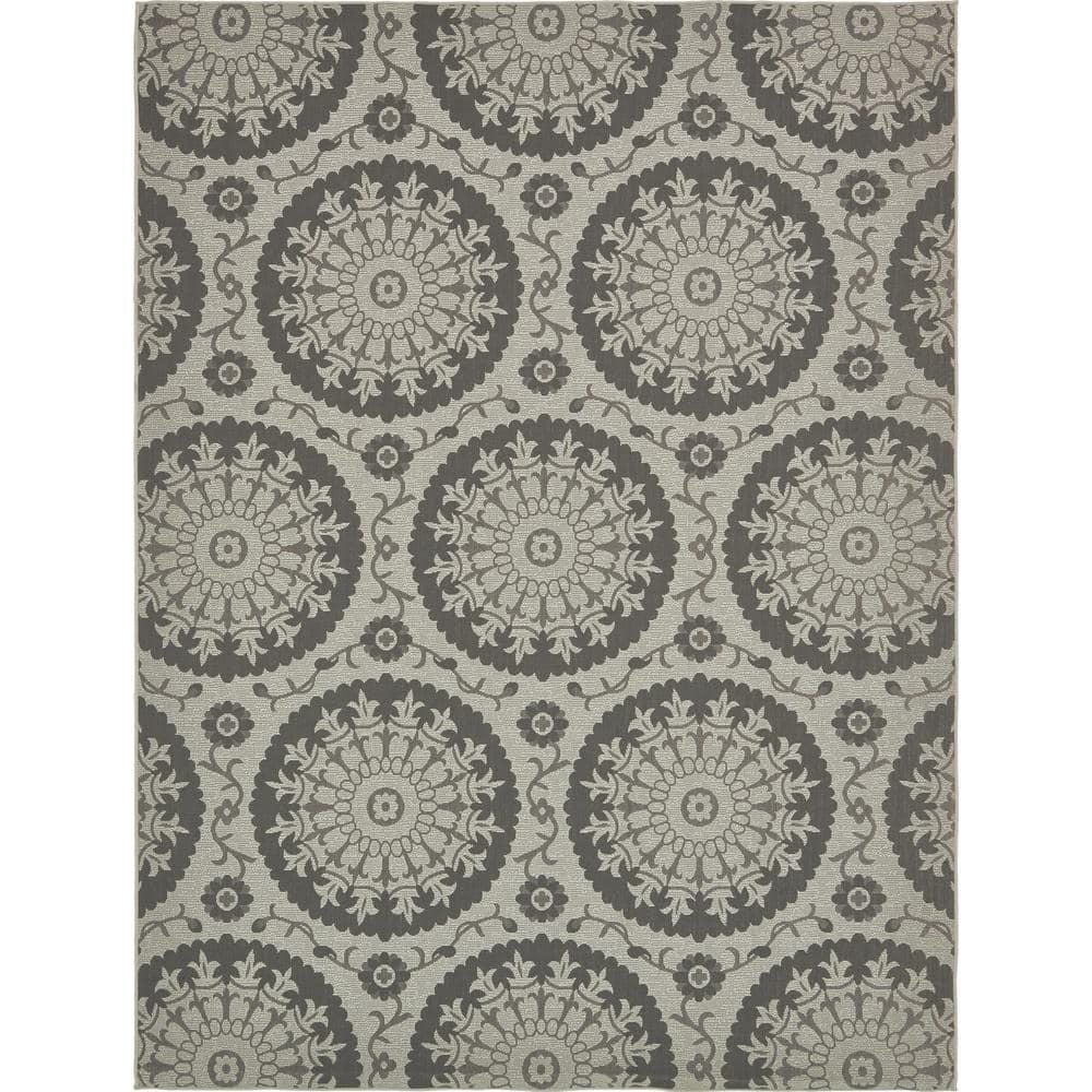 Unique Loom Outdoor Botanical Collection Area Rug - Medallion (9'  x 12' Rectangle Gray/Silver)