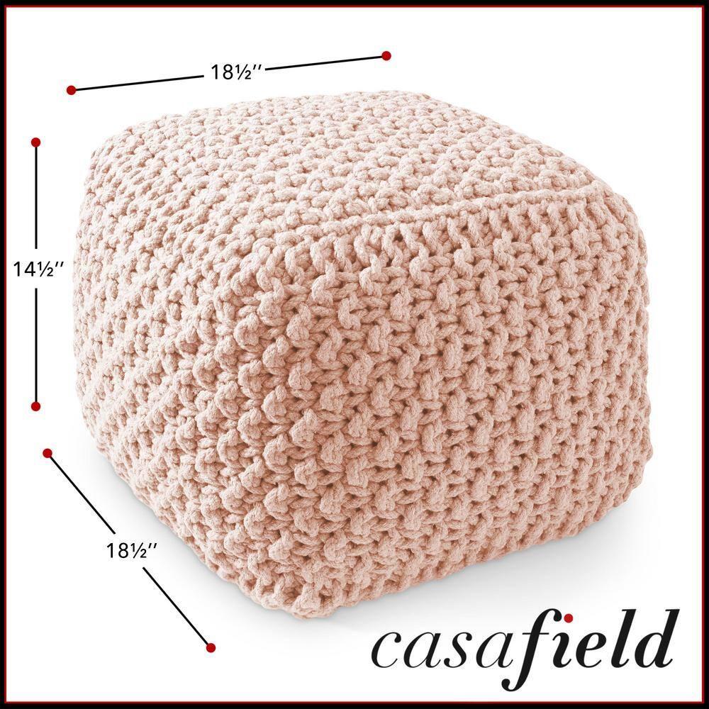 Casafield Square Pouf Ottoman, Light Pink - 18.5" W x 18.5" D x 14.5" H Cotton Knit Foot Stool - Boho Floor Pouffe for Living Room