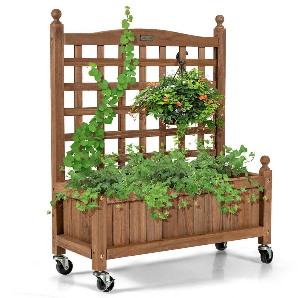 Tangkula 32in Wood Planter Box with Trellis and Wheels Mobile Plant Raised Bed for Indoor&Outdoor