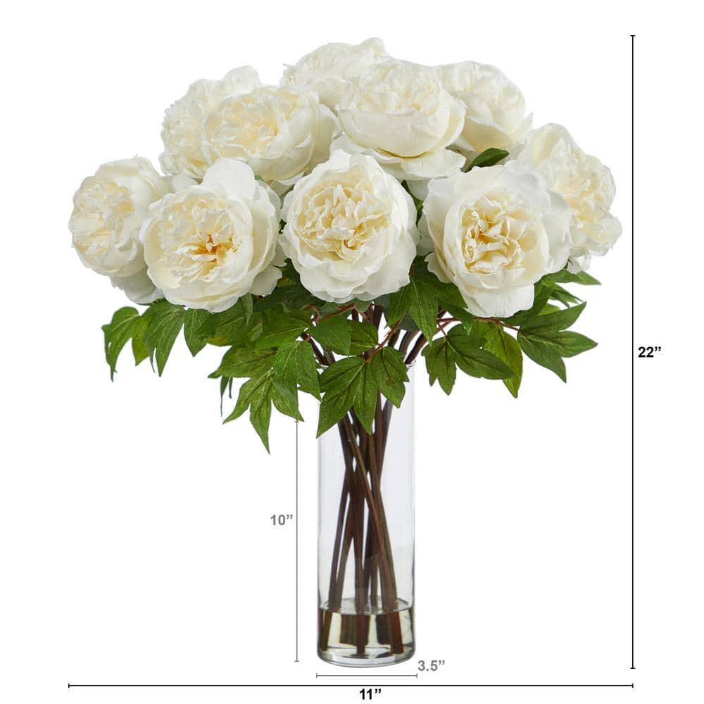 Nearly Natural Peony Artificial Flower Arrangement with Fluted Vase, White