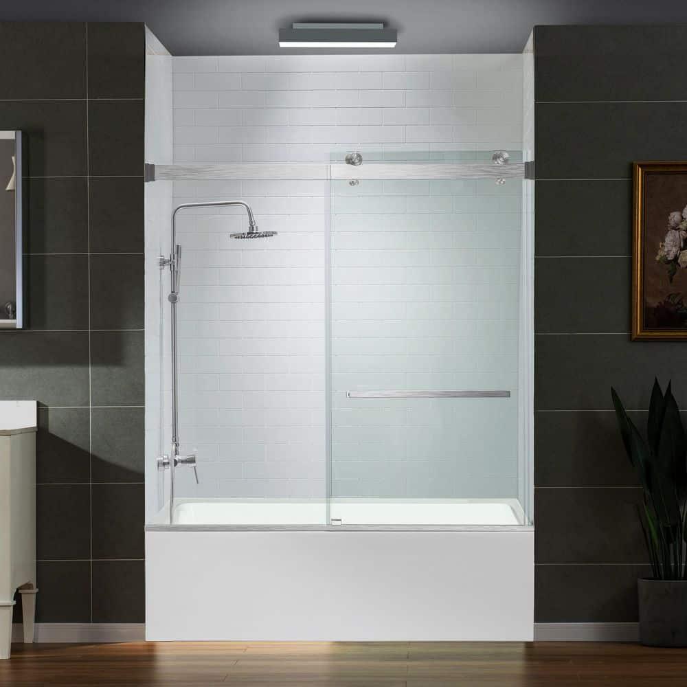 WoodBridge Frameless Single Sliding Shower Doors, 56-60" W X 62" H With 5/16" Clear Tempered Glass And Explosion-Proof Film MSDF6062-B