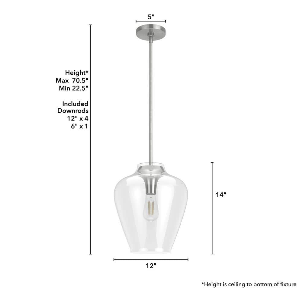 Hunter Fan 1-Light Vidria Pendant Brushed Nickel: Modern Glass Ceiling Fixture, UL Listed, Adjustable Height