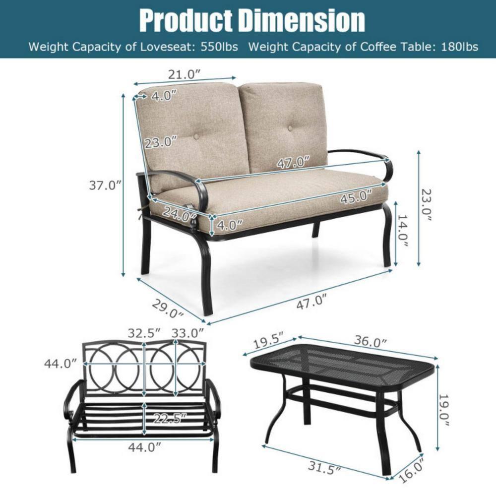 Beige Cushioned Steel Patio Loveseat with Coffee Table