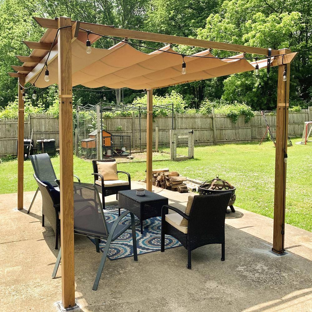 TOTAL Outdoor 10' X 13' Outdoor Aluminum Pergola with Retractable Weather-Resistant Canopy, Perfect for BBQs, Parties, Backyard, Deck, Garden, and Beach (Wood-looking)