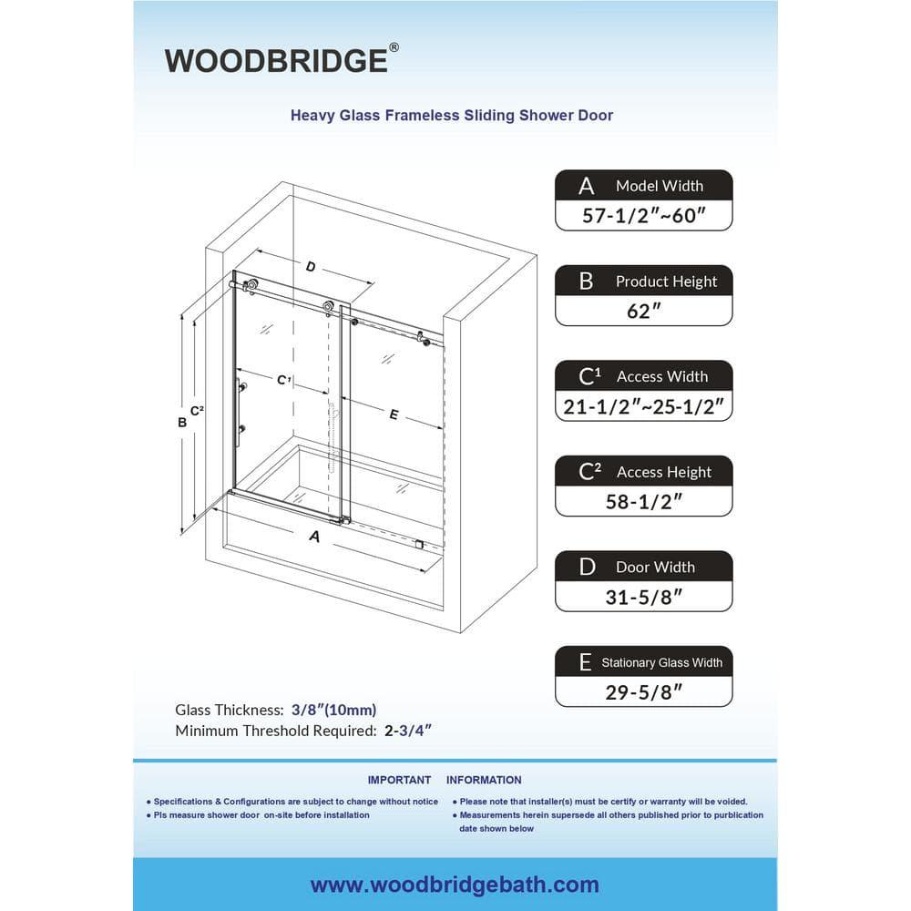 WoodBridge Frameless Single Sliding Shower Doors, 56-60" W X 62" H With 5/16" Clear Tempered Glass And Explosion-Proof Film MSDF6062-BG
