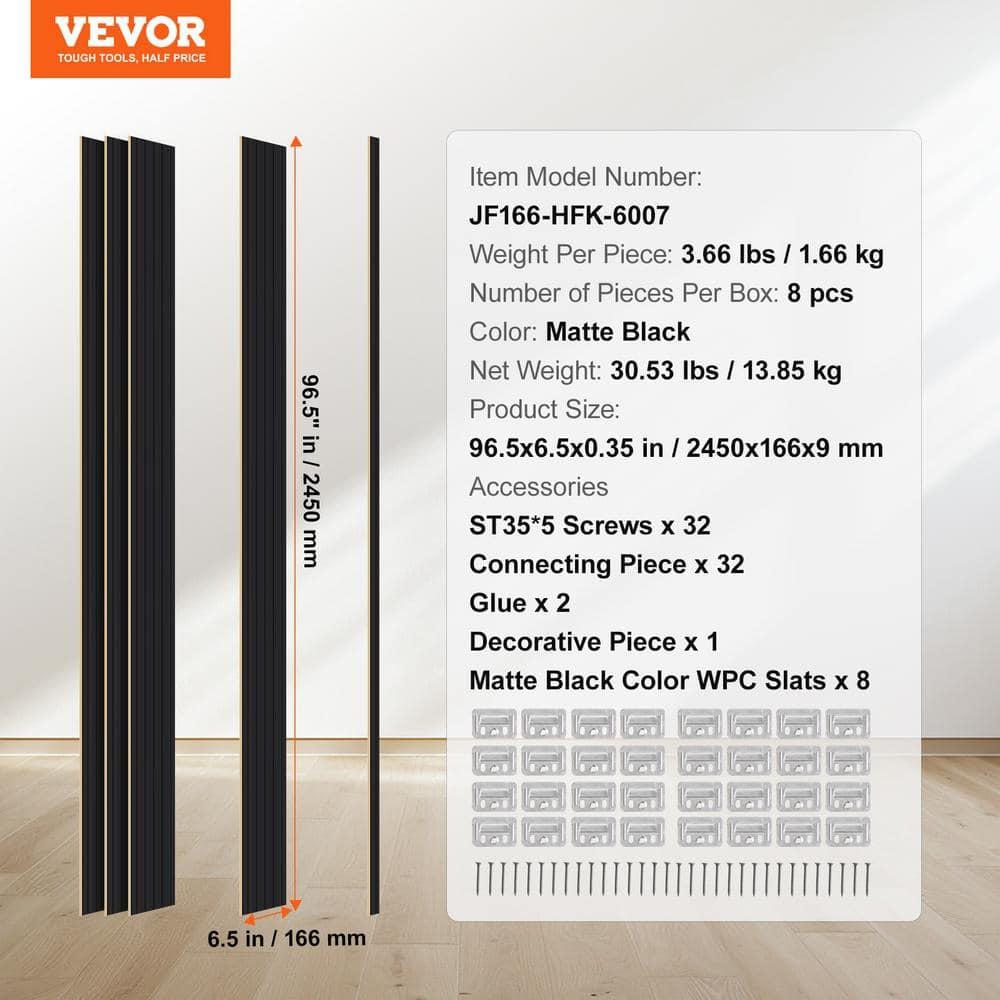 VEVOR Wood Slat Acoustic Panels, 8 PCS 96 x 6 inch, WPC Accent Wooden Wall Panels for Modern Interior Wall, Faux Wood Wall Board Panels for Stylish Decor and Noise Reduction, Matte Black