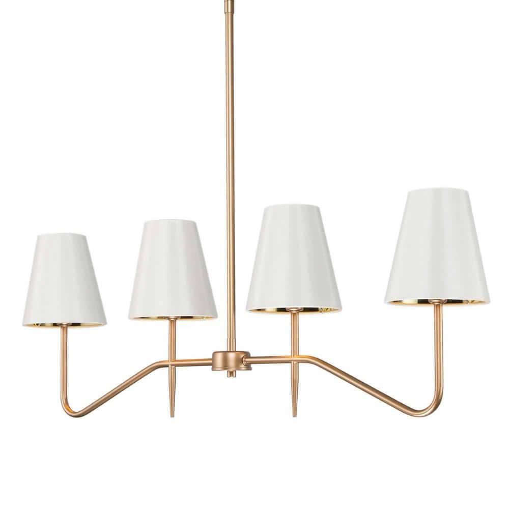 Brightever 4-Light Gold Linear Chandelier, Kicthen Island Light Fixture for Dining Room Over Table, Modern Pendant Lighting with White Fabric Shades for Pool Table, E12 Base (Bulb not Included)