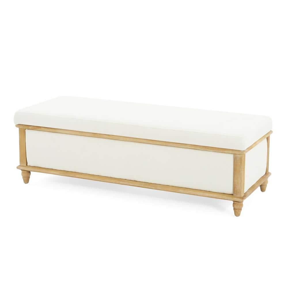 GDF Studio French Country Fabric Storage Ottoman Bench with Weathered Wood Frame, White