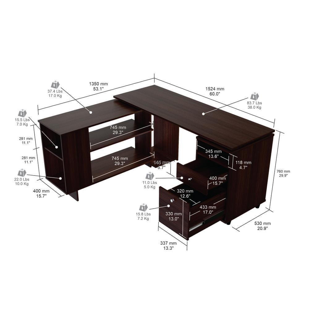Inval L-Shaped Reversible Computer Desk, Espresso