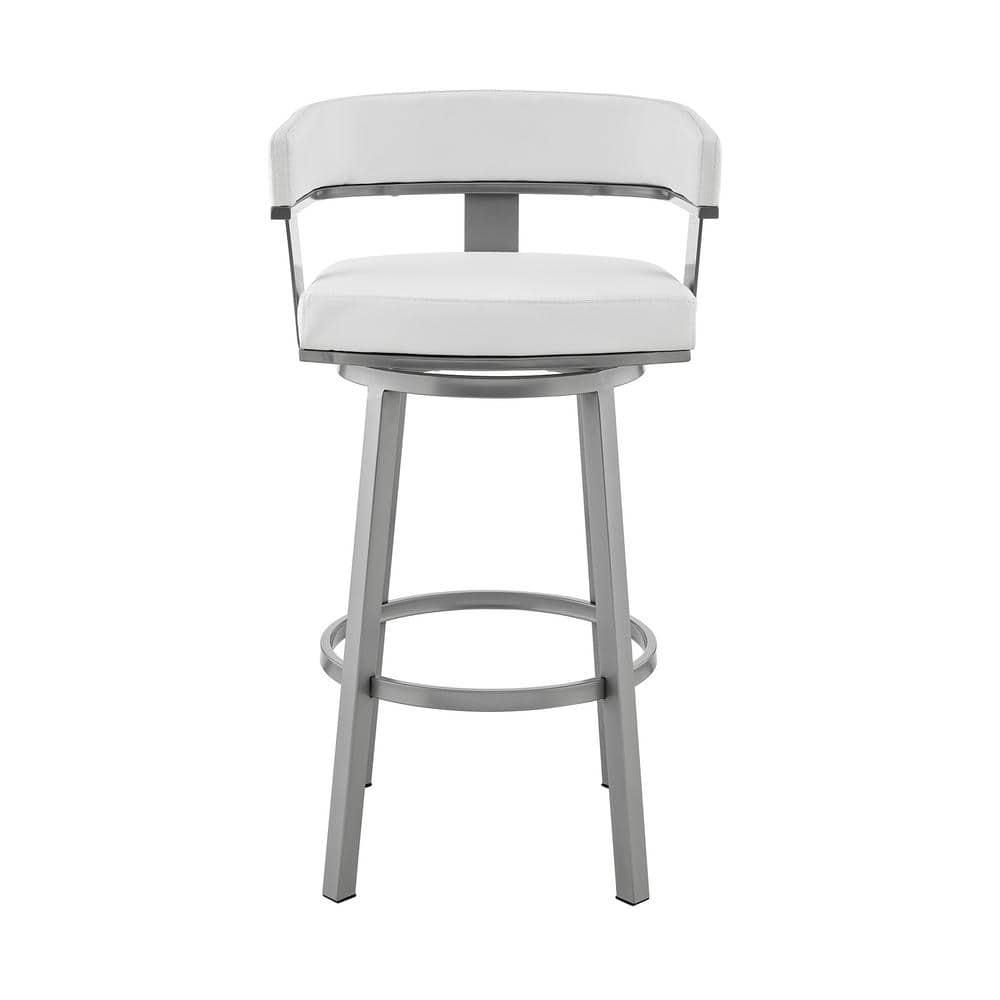 Armen Living Cohen30" Bar Height Swivel Bar Stool in Silver Finish with White Faux Leather