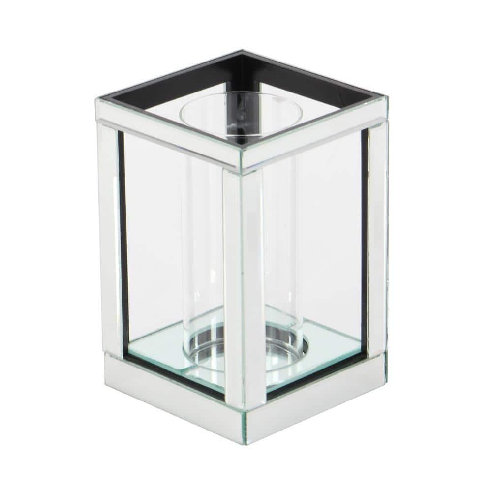 House of Hampton® Glass Pillar Silver Hurricane Lamp with Mirrored Accents