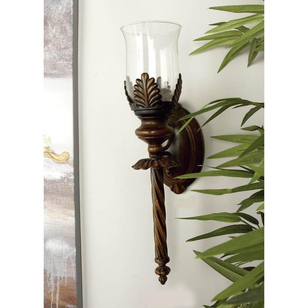 DecMode Brown Metal Leaf Candle Wall Sconce with Twisted Base