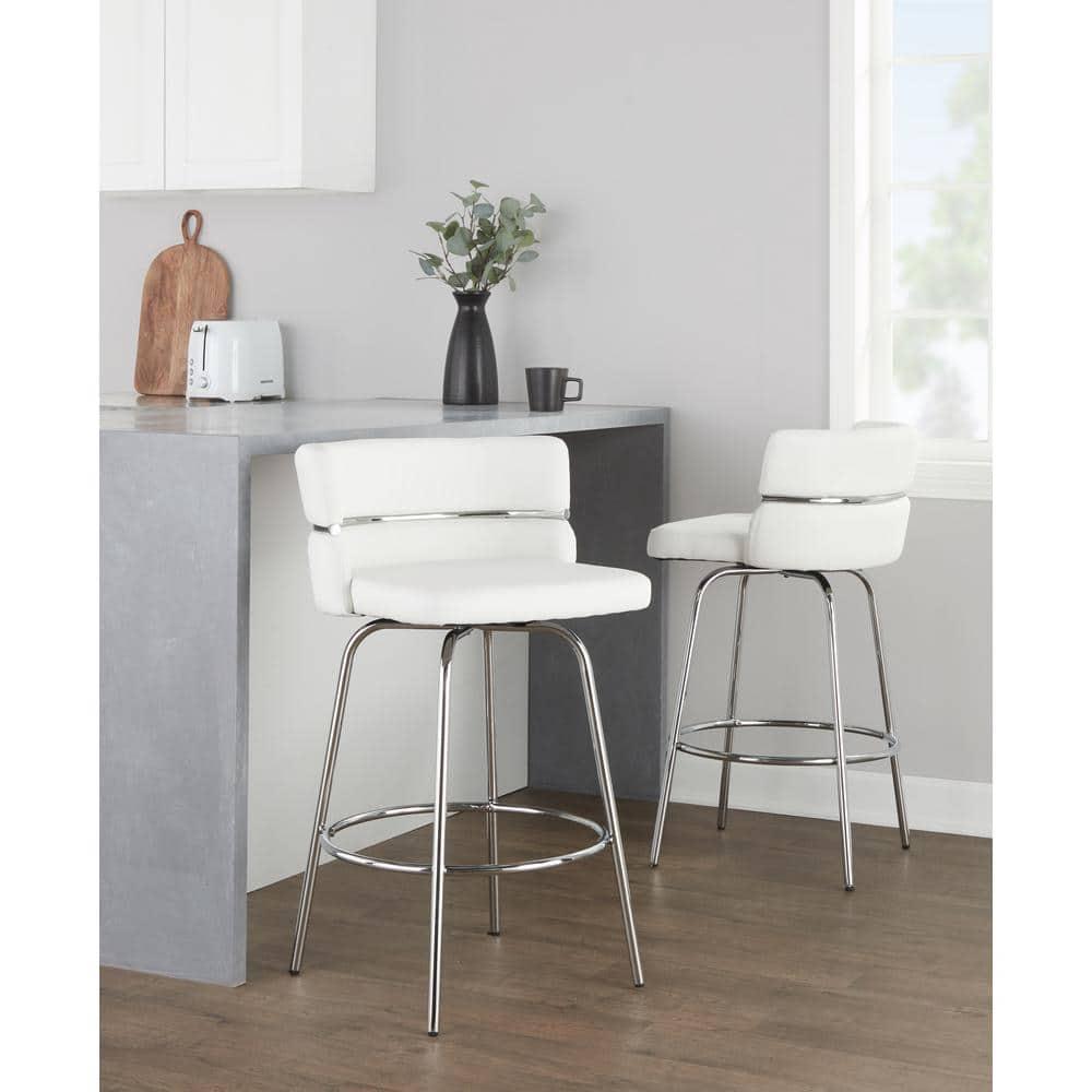 Set of 2 Cinch-Claire Counter Height Barstools Chrome/White - LumiSource: Metal Frame, Swivel Seat, Velvet Upholstery, Footrest