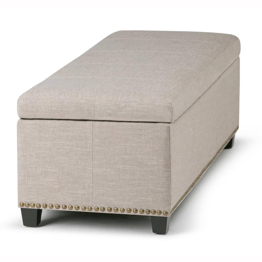 Simpli Home Kingsley 48"W Upholstered Storage Ottoman with Lift-Top Lid, Nailhead Trim, and Stitching Detail
