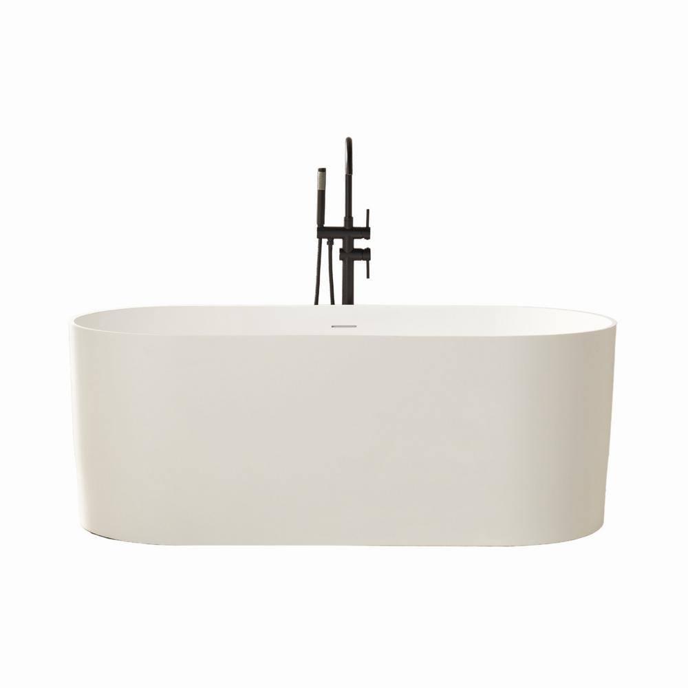 59" x 29.5" Freestanding Soaking Stone Resin Bathtub with Pure White Overflow and Pop Up Drain