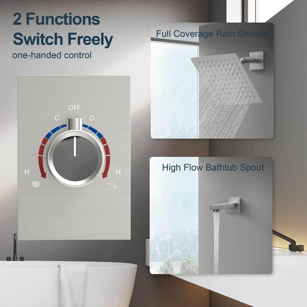 GRANDJOY 8 inch Rain Single Handle 2-Spray Shower Head System with Wall Mount Faucet Spout, Anti Scald Valve - Brushed Nickel