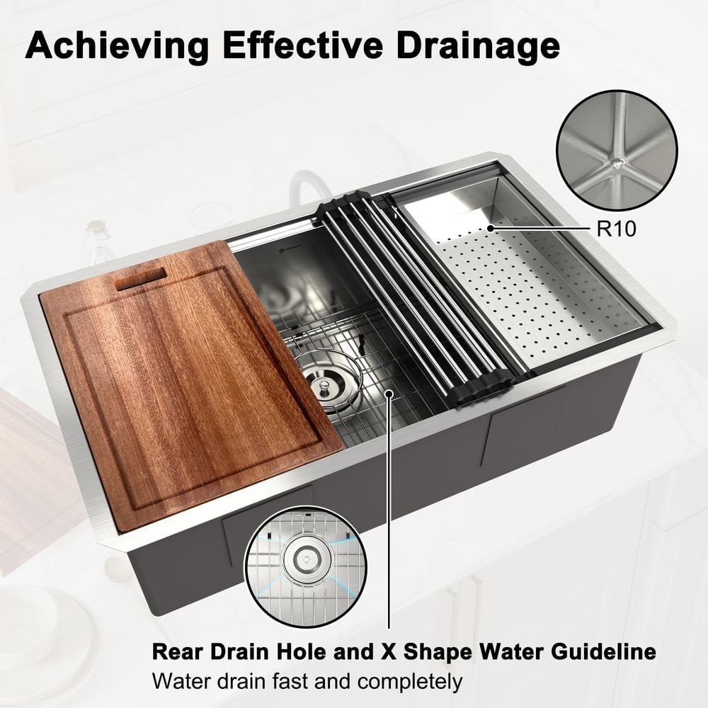 32 in. Undermount Single Bowl 18-Gauge Stainless Steel Kitchen Sink with Cutting Board, Rolling Drying Rack and Colander