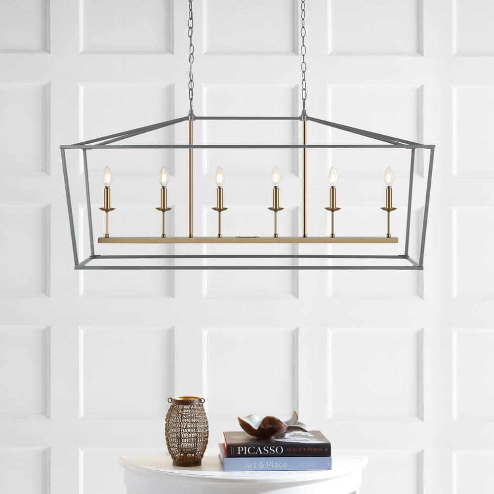 Pagoda 49" Linear 6-Bulb Classic Traditional Metal LED Pendant, Gray/Brass Gold