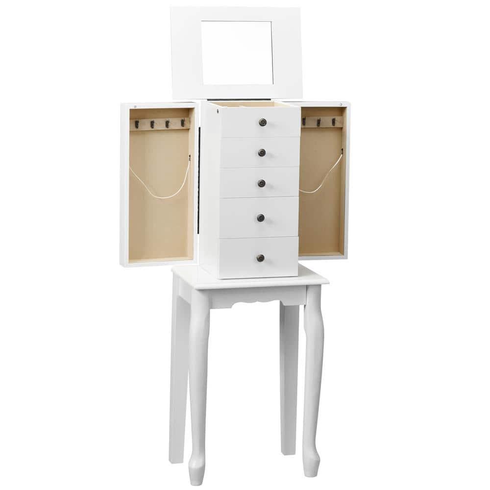 Standing Jewelry Cabinet Armoire with Top Flip Mirror, Jewelry Box Chest with 4 Drawers, Top Compartments, 8 Necklace Hooks and 2 Side Doors, White