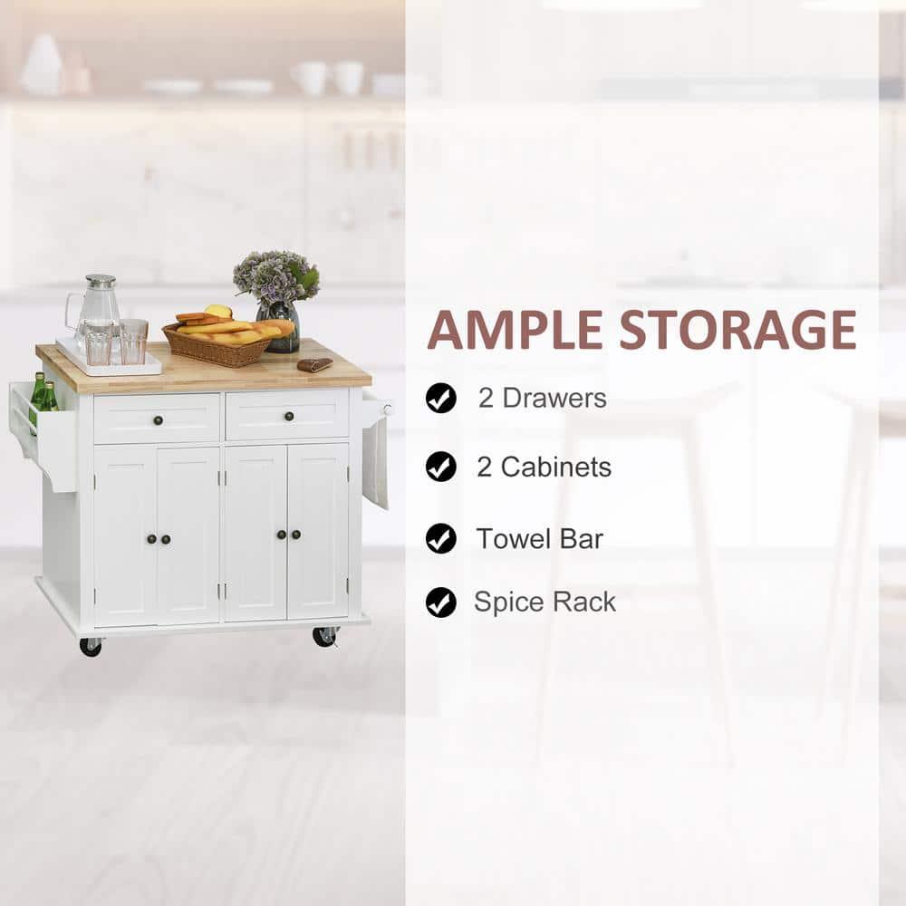 HOMCOM Kitchen Island on Wheels, Rolling Cart with Rubber Wood Top, Spice Rack, Towel Rack & Drawers for Dining Room, White