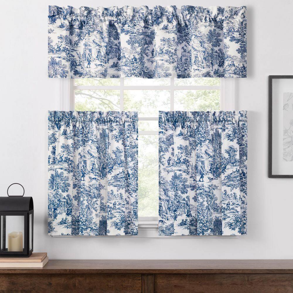 Ellis Curtain Victoria Park Toile Room Darkening Window Rod Pocket Pair Set With 2 Tiers - 2-Piece - 68x36", Blue