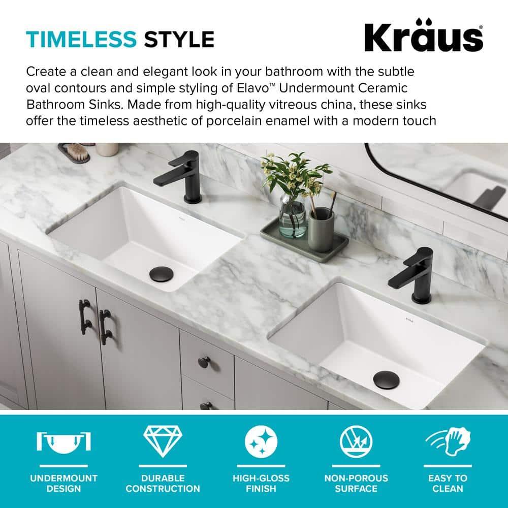 KRAUS Elavo. Rectangular Porcelain Ceramic Undermount Bathroom Sink In White With Overflow Drain, KCU-244