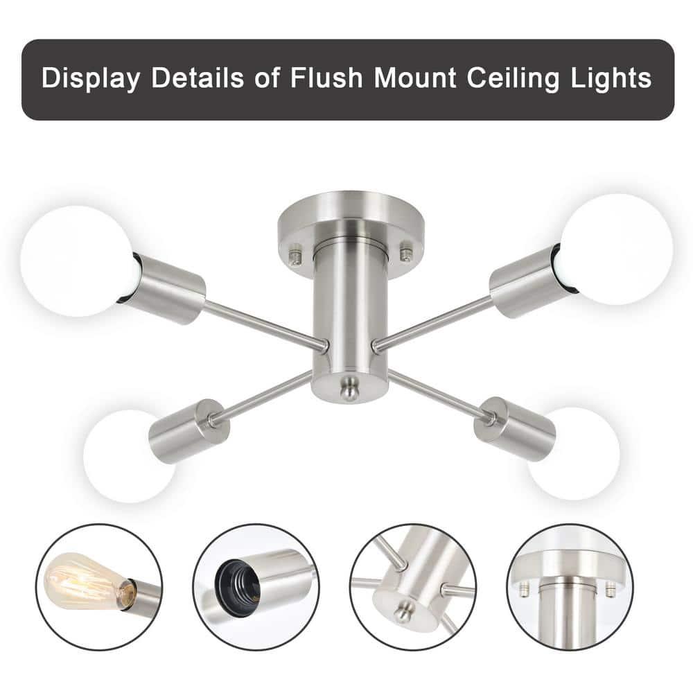 Sputnik Chandeliers, 4 Lights Kitchen Lighting Fixtures Ceiling Brushed Nickel Chandelier, Semi Flush Mount Ceiling Light Fixture for Bedroom Hallway Kitchen Living Room Dining Room