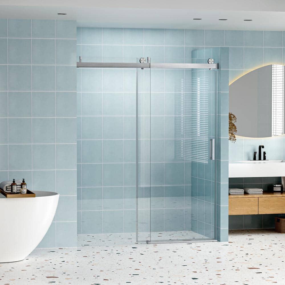Gxcevsou 56-60“ *76” Frameless Soft Close Shower Door, 1/4” (6 mm) Tempered Glass Single Slide with Explosion Proof Coating, Reversible Installation
