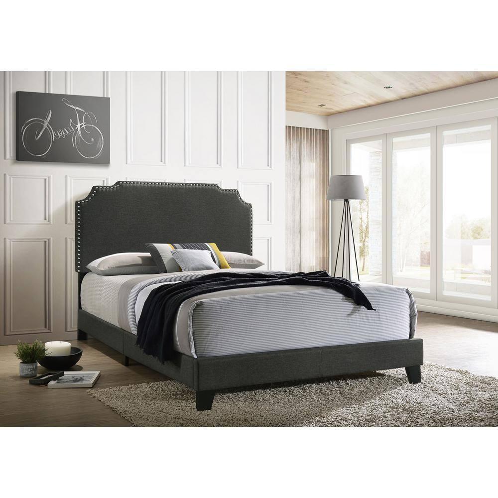 Gray Upholstered Queen Bed with Nailhead Trim and Wood Frame