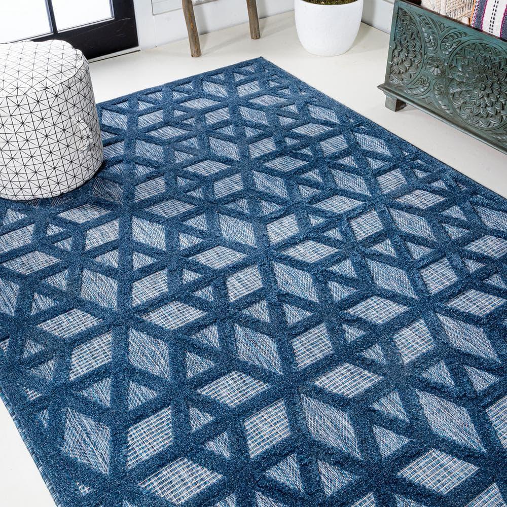 8'x10' Talaia Neutral Geometric Indoor/Outdoor Area Rug, Navy - JONATHAN Y