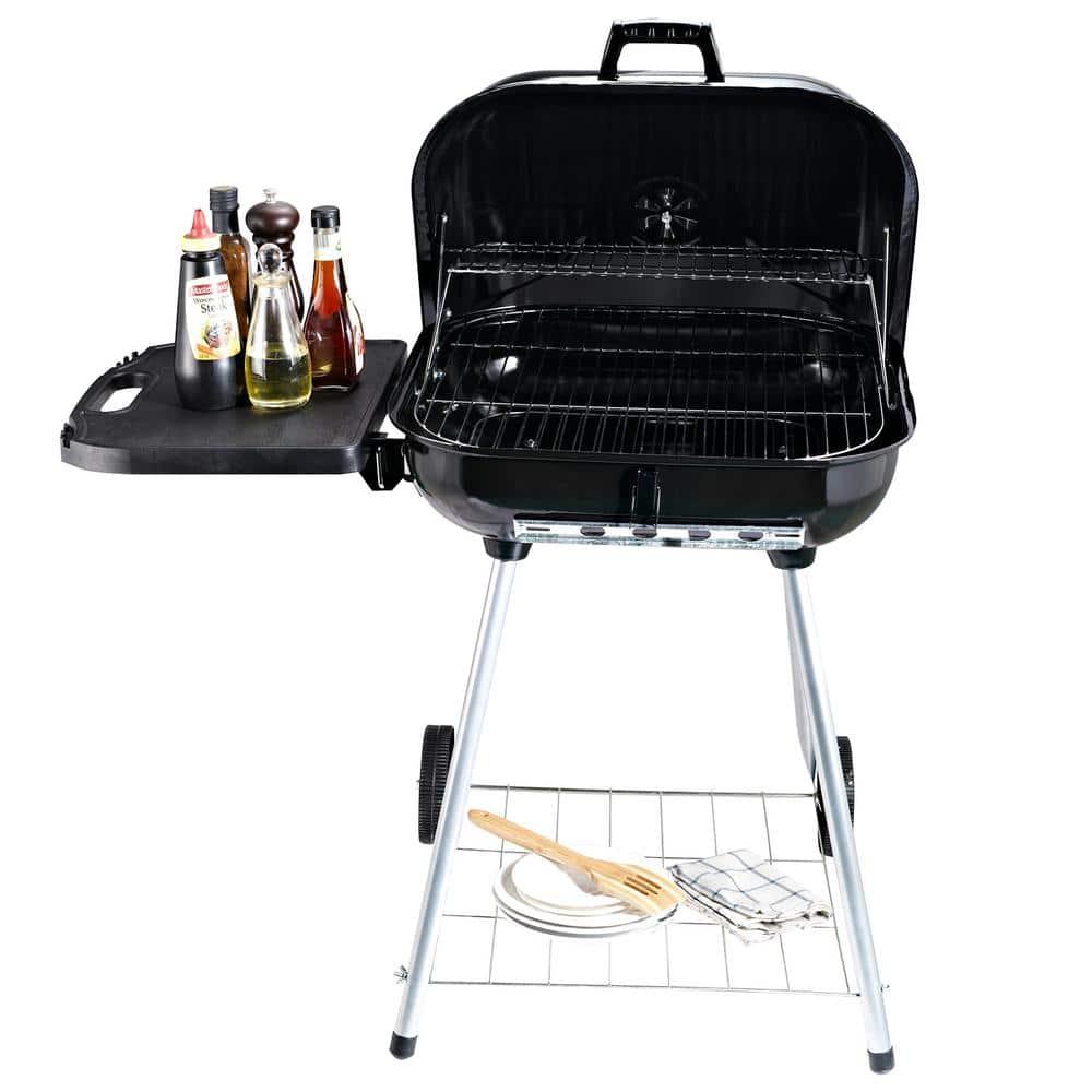 Outsunny 21" Steel Charocal Grill with Portable Wheel, Side Tray and Lower Shelf for Outdoor BBQ for Garden, Backyard, Poolside