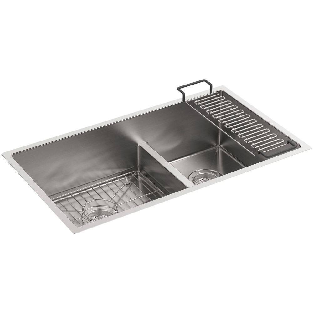 Strive 32" L x 18-5/16" W x 9-5/16" Smart Divide Under-Mount Large/Medium Double-Bowl Kitchen Sink with Basin Rack