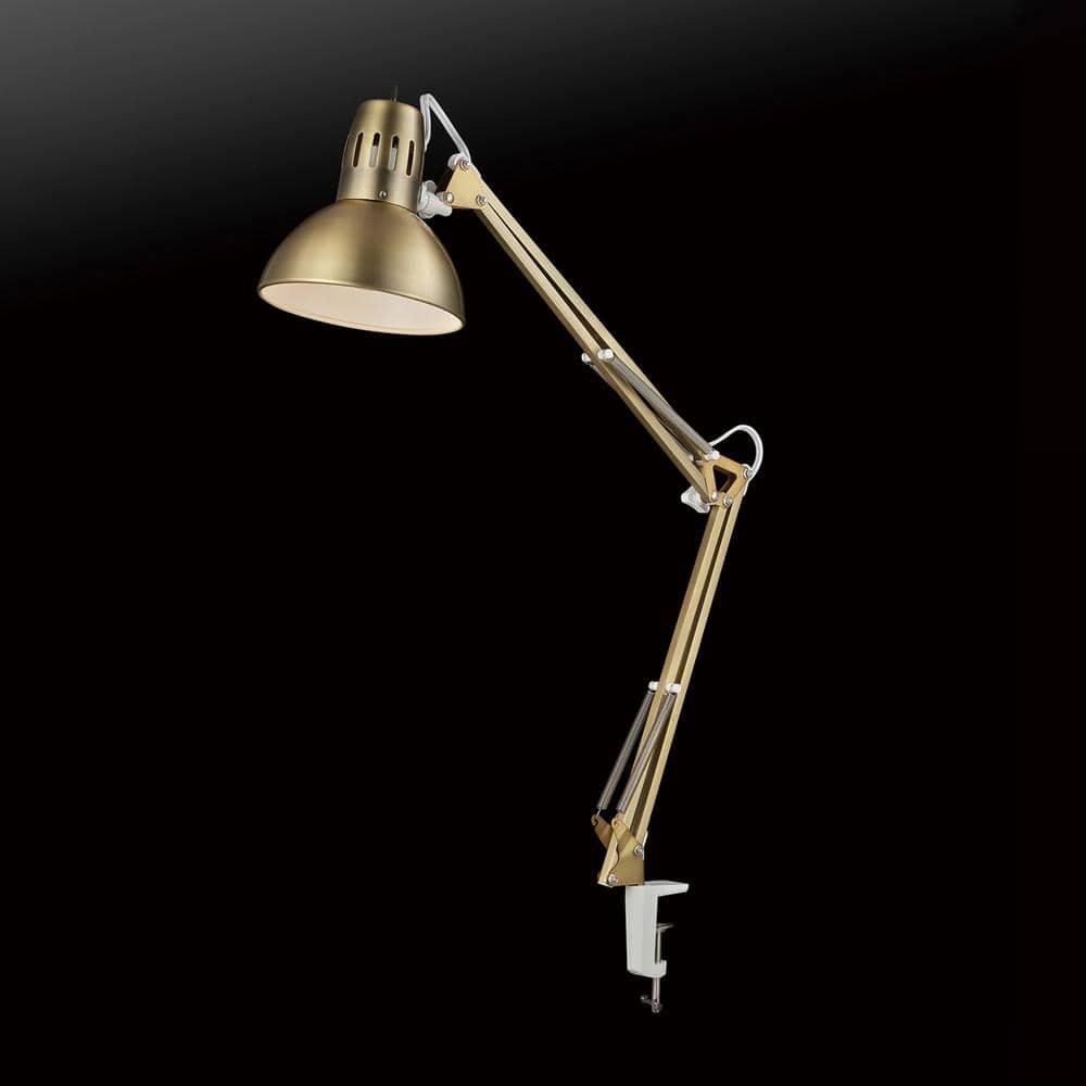 Globe Electric 62000010 32" Multi-Joint Desk Lamp with Metal Clamp, Matte Brass, White Accents, On/Off Rotary Switch on Shade, Partially Adjustable Swing Arm, Home Décor, Office Accessory