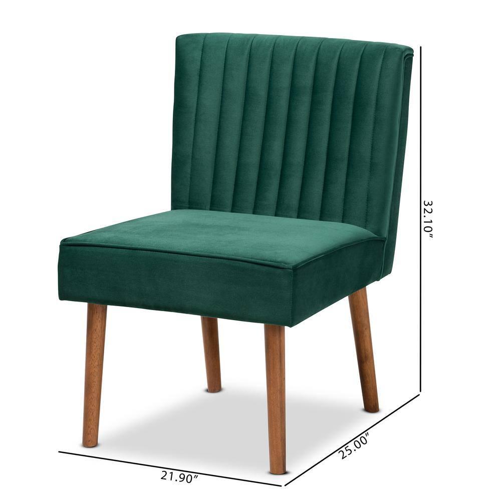 Alvis Velvet Upholstered and Wood Dining Chair Emerald Green/Walnut - Baxton Studio: Channel Tufted, Angled Legs