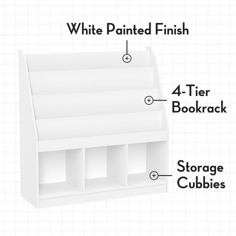 RiverRidge Kids Playroom Bookrack with 3 Toy Organizer Cubbies and 4 Book Shelves - White with 2 Gray Fabric Bins