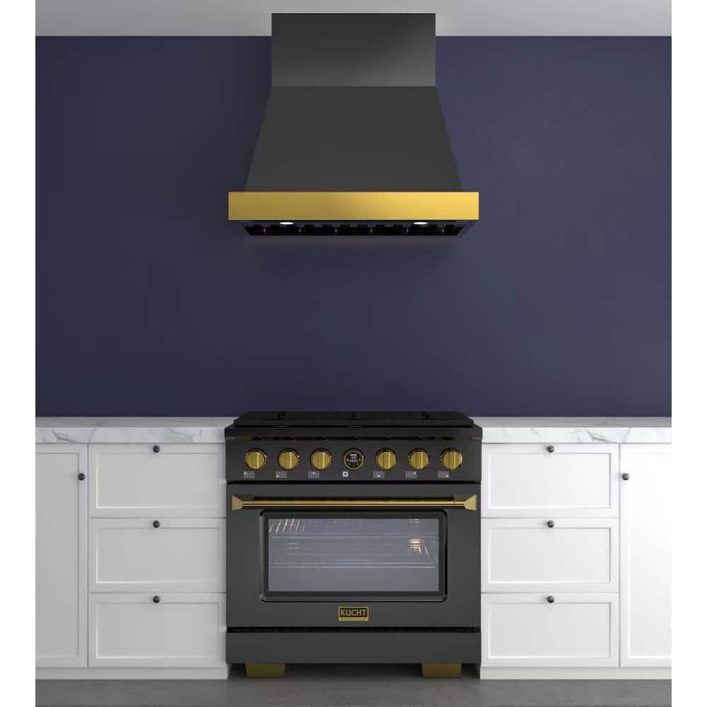 Kucht 36 in. 800 CFM Wall Mounted Range Hood with Gold Accents
