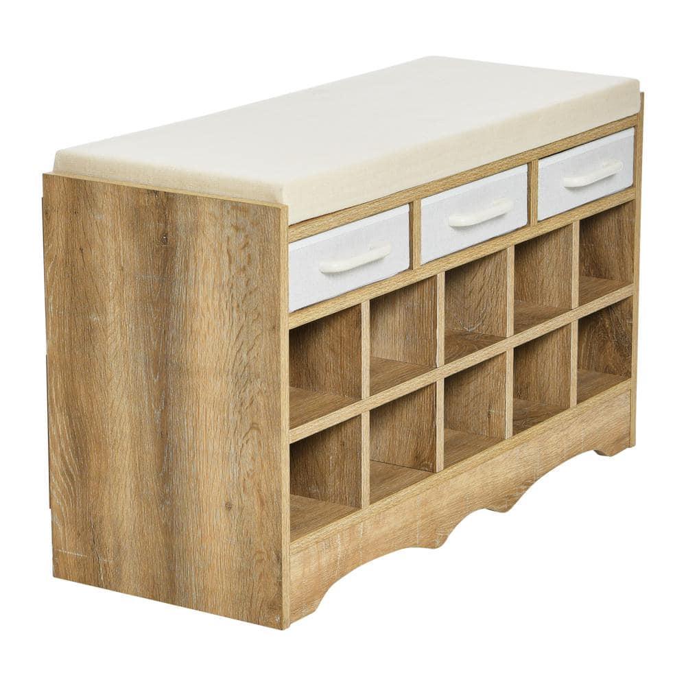 Household Essentials Entryway Storage Bench with 3 Beige Drawers 10 Shoe Compartments and Cushioned Seat in Coastal Oak Rustic Wood Grain